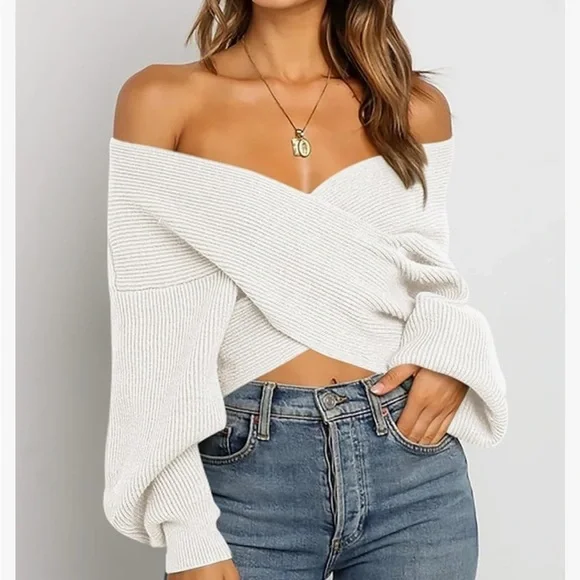 BTFBM Off The Shoulder Sweater  V Neck Long Sleeve Ribbed Knit Wrap Cropped L - Picture 6 of 8